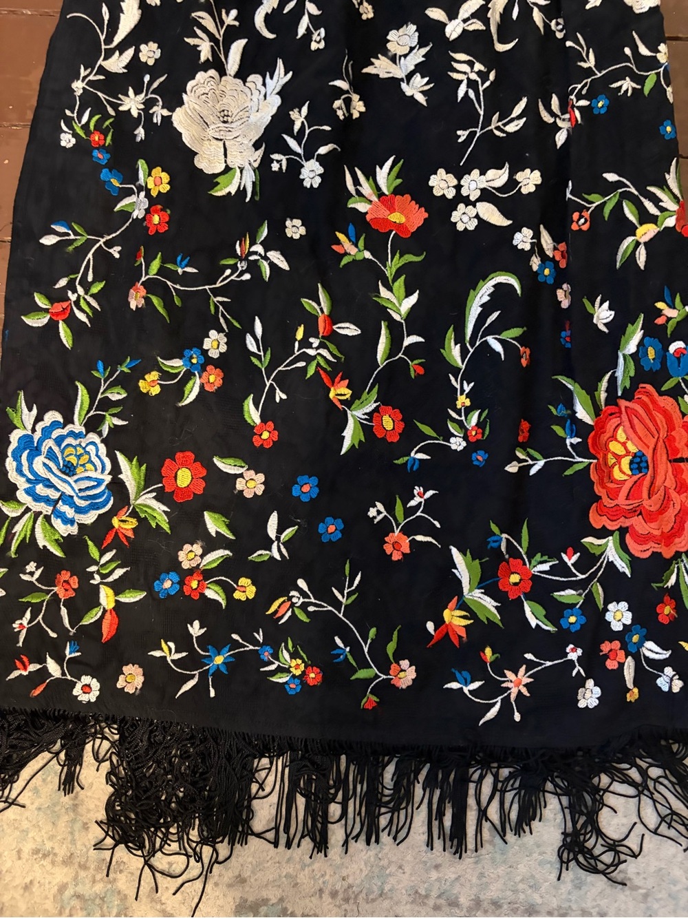 Anthropologie Black Embroidered Floral Midi Dress with Fringe Hem 6 - Picture 4 of 6